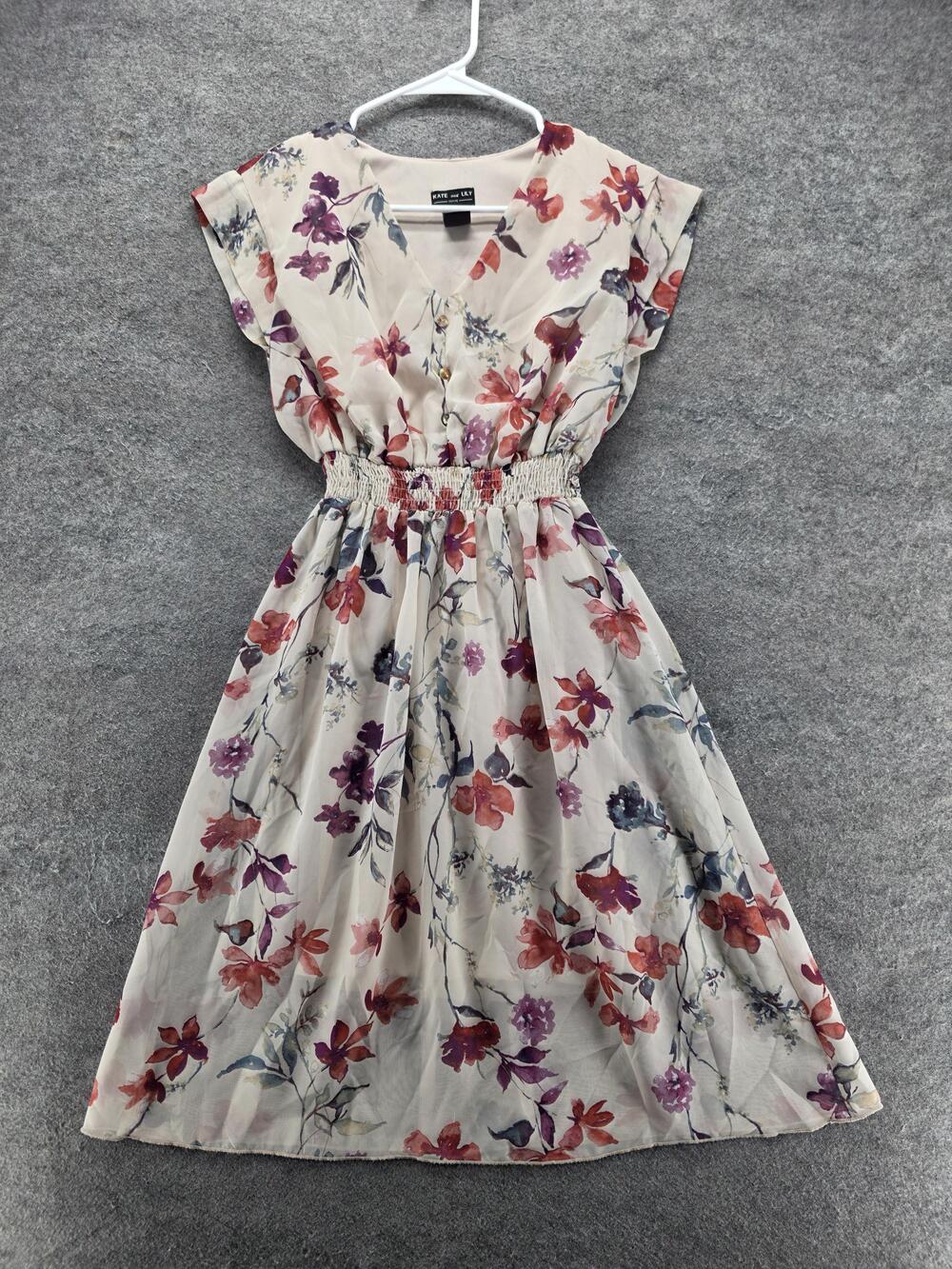 Kate And Lily Dress Womens 4P White Floral Fit & Flare Smocked V-Neck Sundress